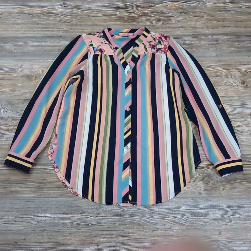Olive Hill Striped Floral Dressy Button Down Top